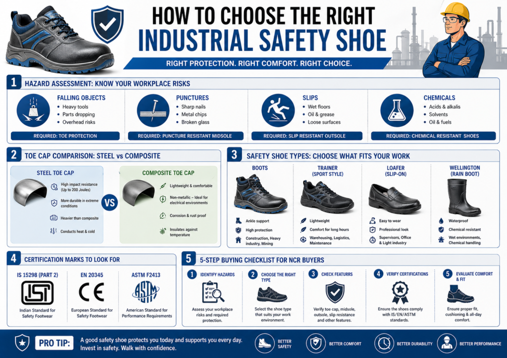 Infographic on selecting industrial safety shoes dealer NCR with types and certifications