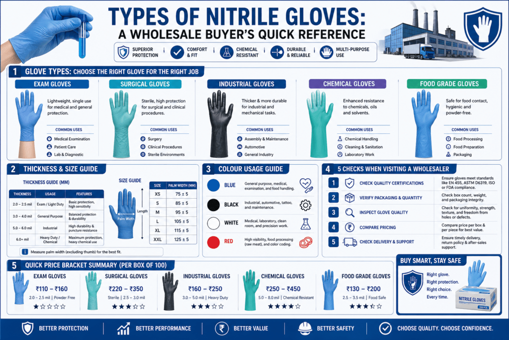 Nitrile gloves wholesale Delhi infographic showing types, sizes, and buyer checklist