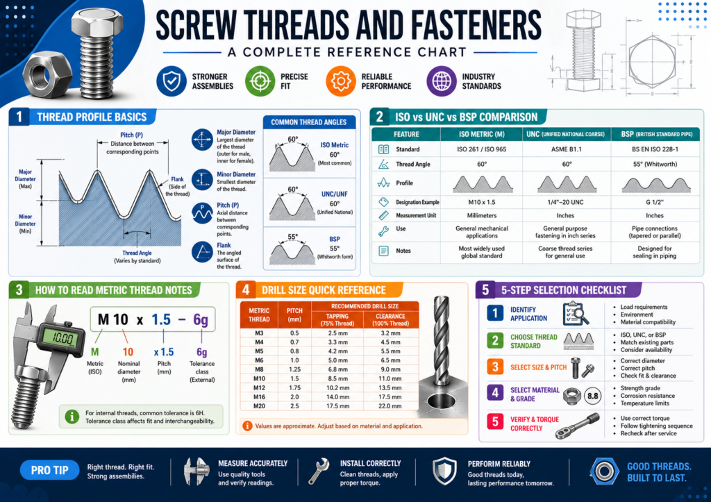 Threaded Fasteners and Screw Threads: The Engineer’s Complete Reference 3 Threaded fasteners and screw thread reference infographic