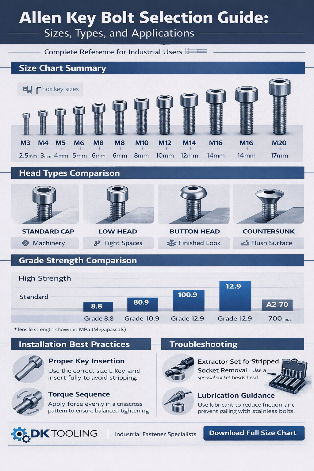 Infographic showing Allen key bolt sizes types grades and selection criteria for industrial applications.