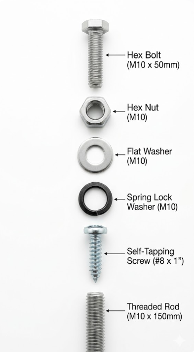 Types of threaded fasteners – hex bolt, nut, washers, self-tapping screw, threaded rod