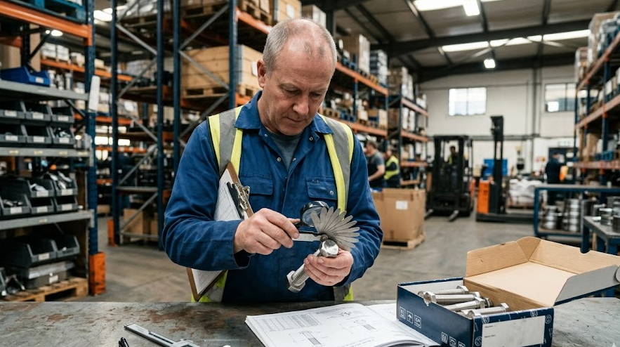 Inspecting stainless steel threaded fasteners with thread pitch gauge