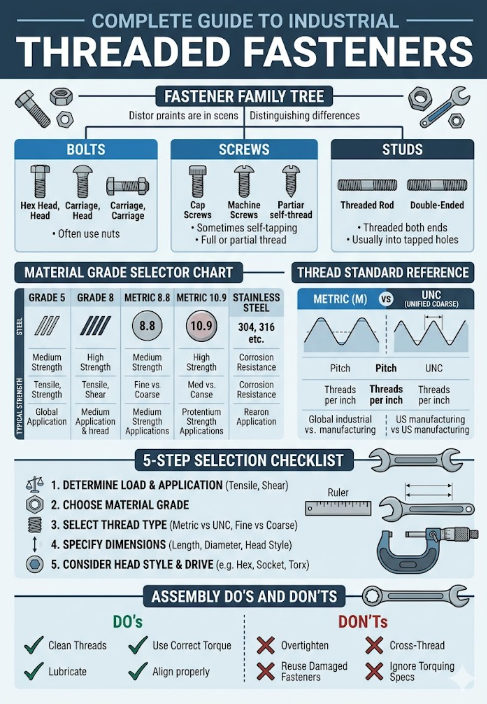 Infographic guide to industrial threaded fasteners types, materials, and selection